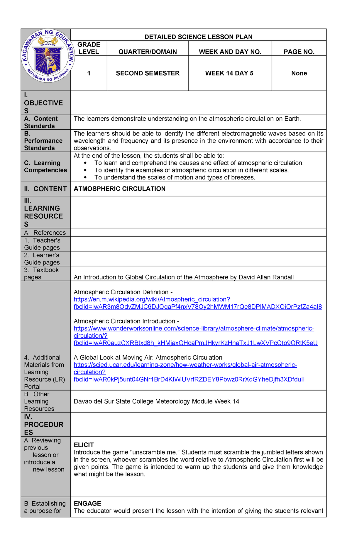 G5 Lesson PLAN Atmospheric Circulation - DETAILED SCIENCE LESSON PLAN ...