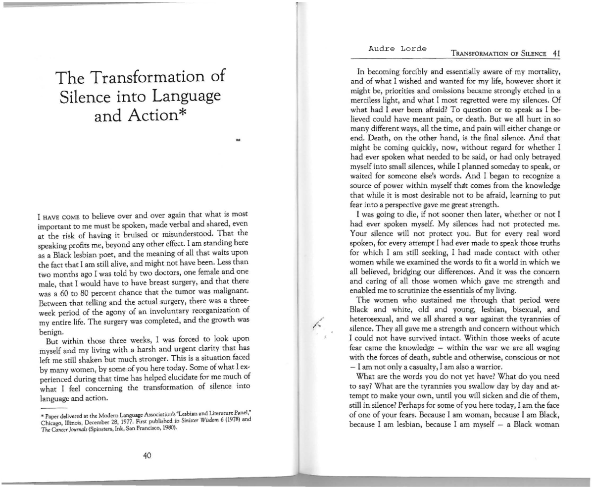 The Transformation Of Silence Into Language And Action Summary Audre Lorde Quotes - The Transformation of Silence into Language and