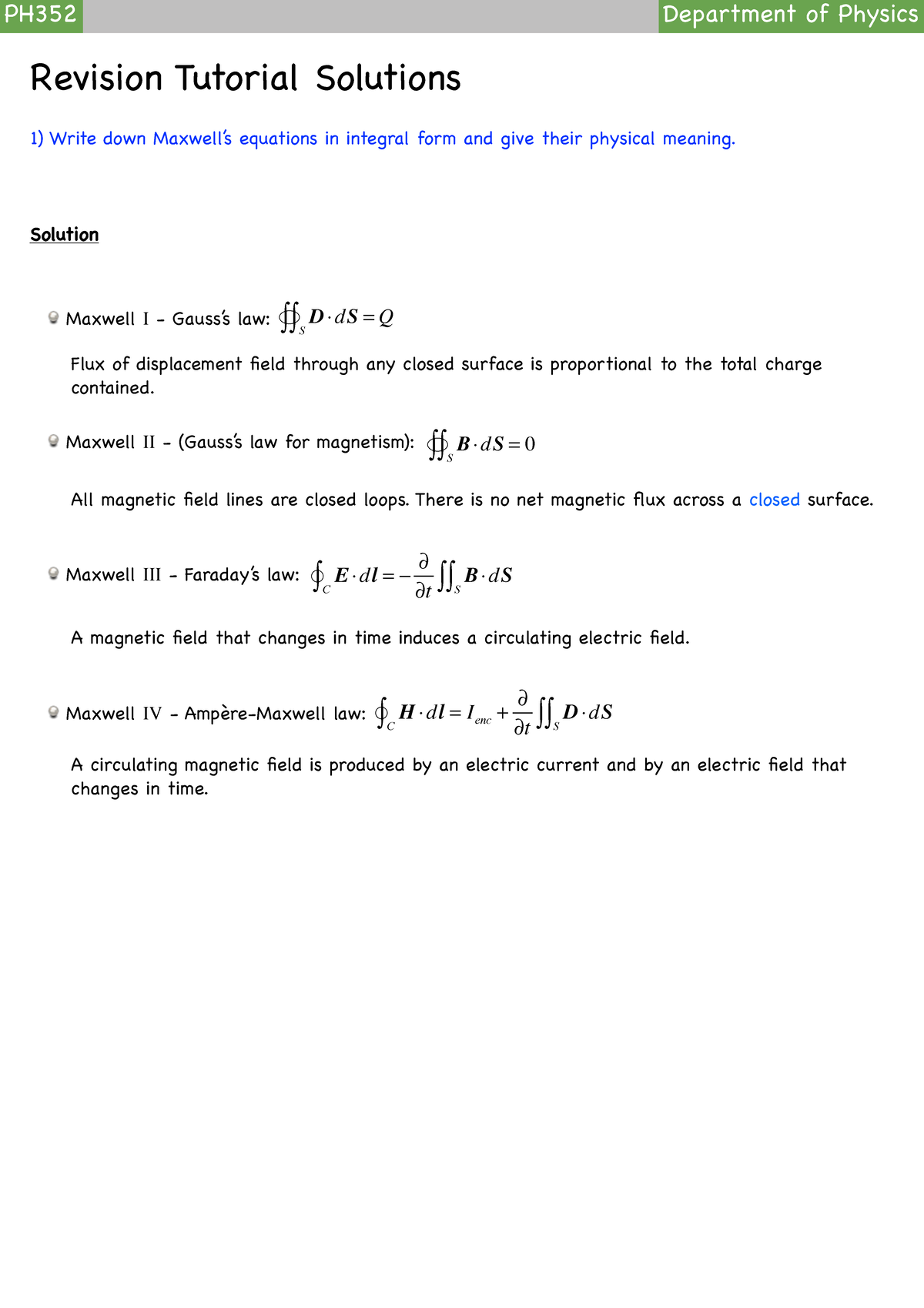 Electromagnetism Revision Tutorial Solutions Part 1 - Revision Tutorial ...