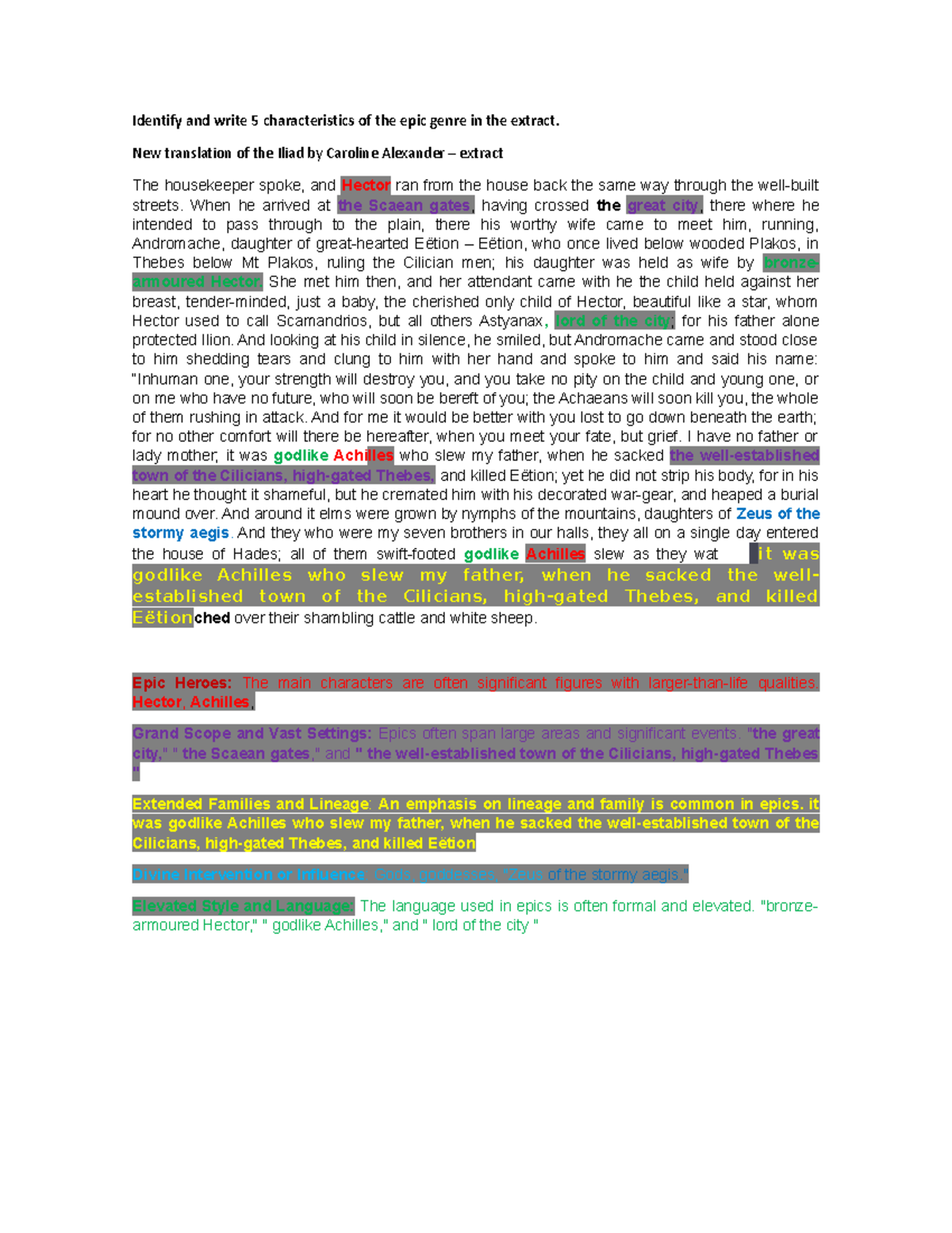 Identify and write 5 characteristics of the epic genre in the extract
