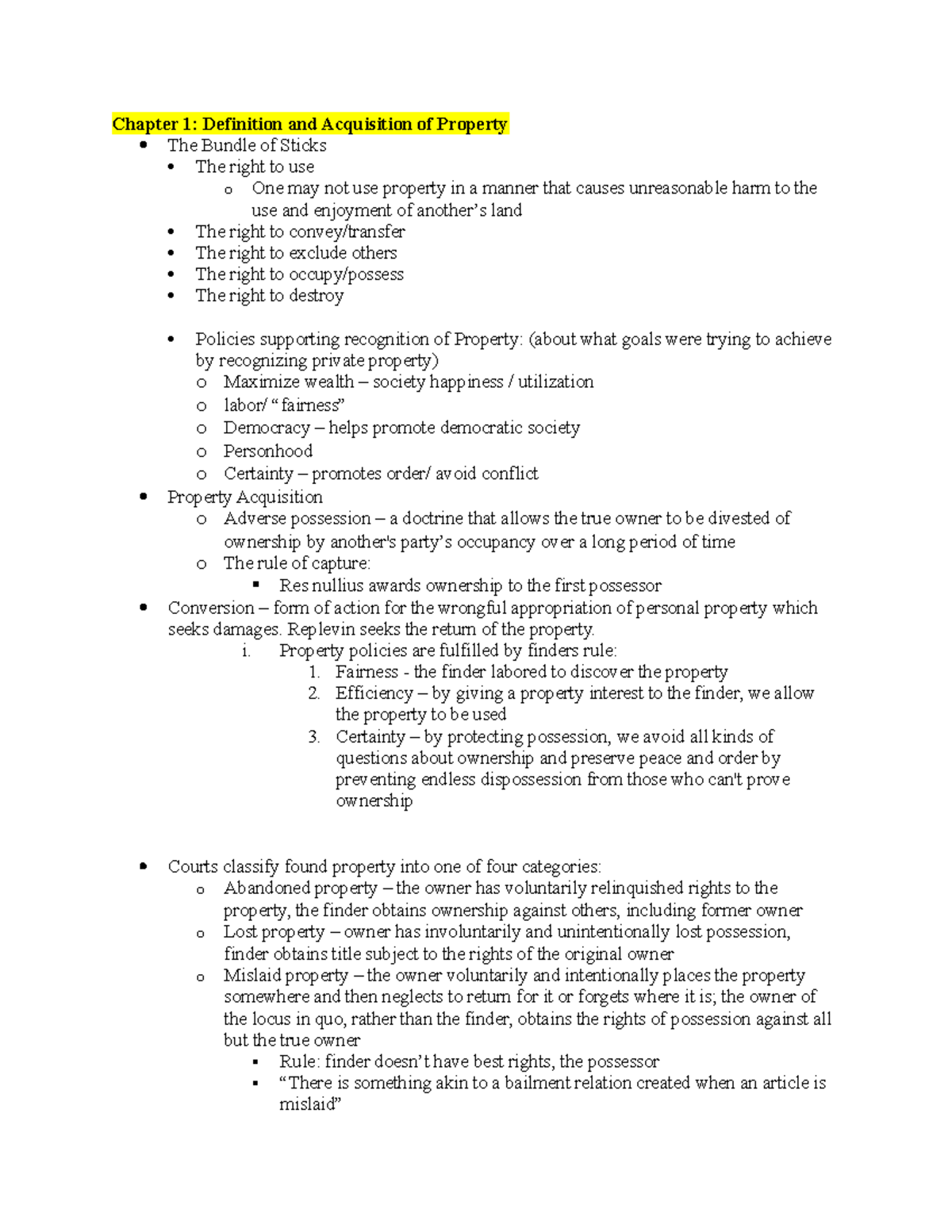Property Outline Chapter 1 Definition and Acquisition of Property