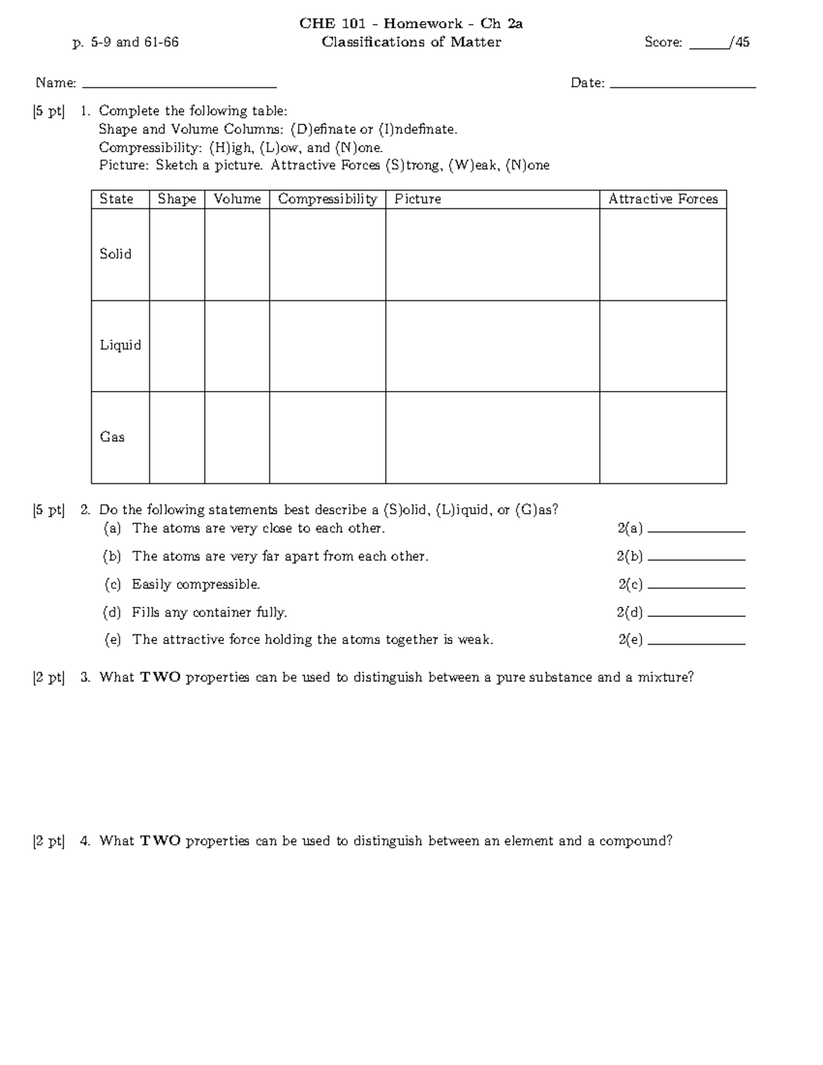 CHE101 Homework - p. 5-9 and 61- Classifications of Matter Score ...