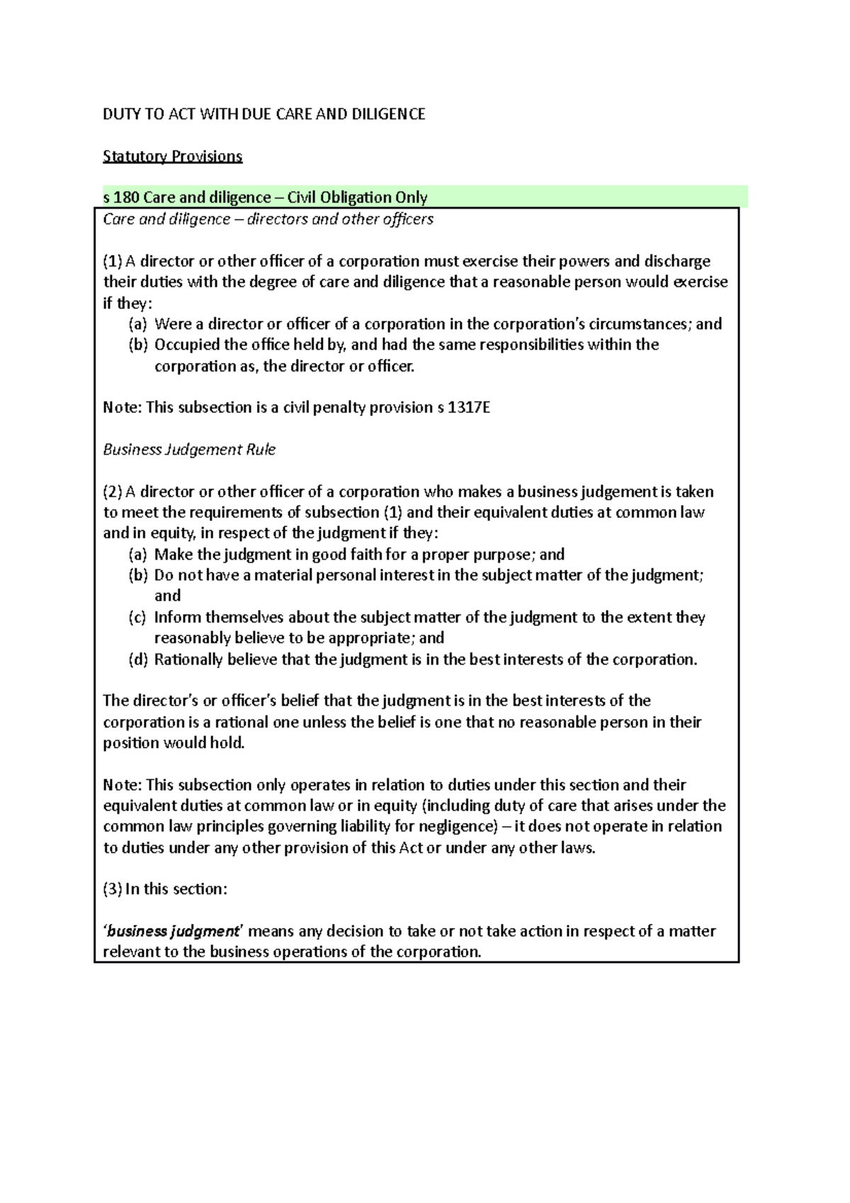 Class 19 Main Provision - DUTY TO ACT WITH DUE CARE AND DILIGENCE ...