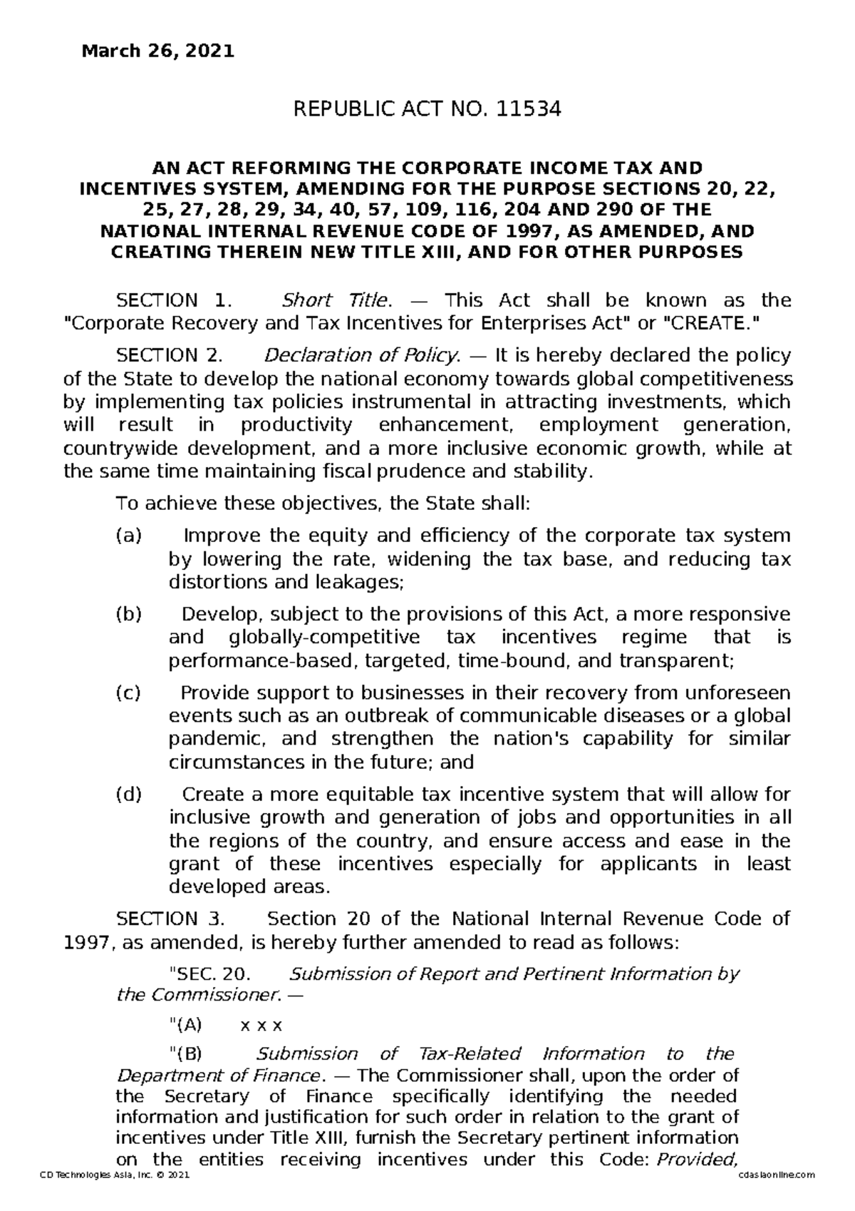 RA No. 11534 - Create Law - March 26, 2021 REPUBLIC ACT NO. 11534 AN ...