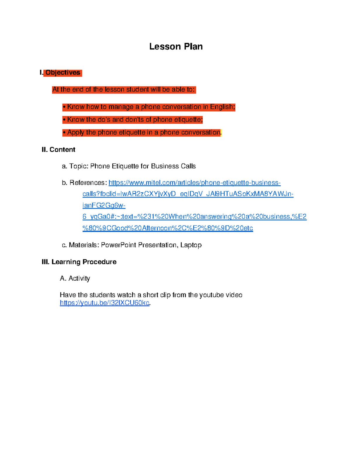 Day3 Lesson Plan - Lesson Plan I. Objectives At the end of the lesson ...
