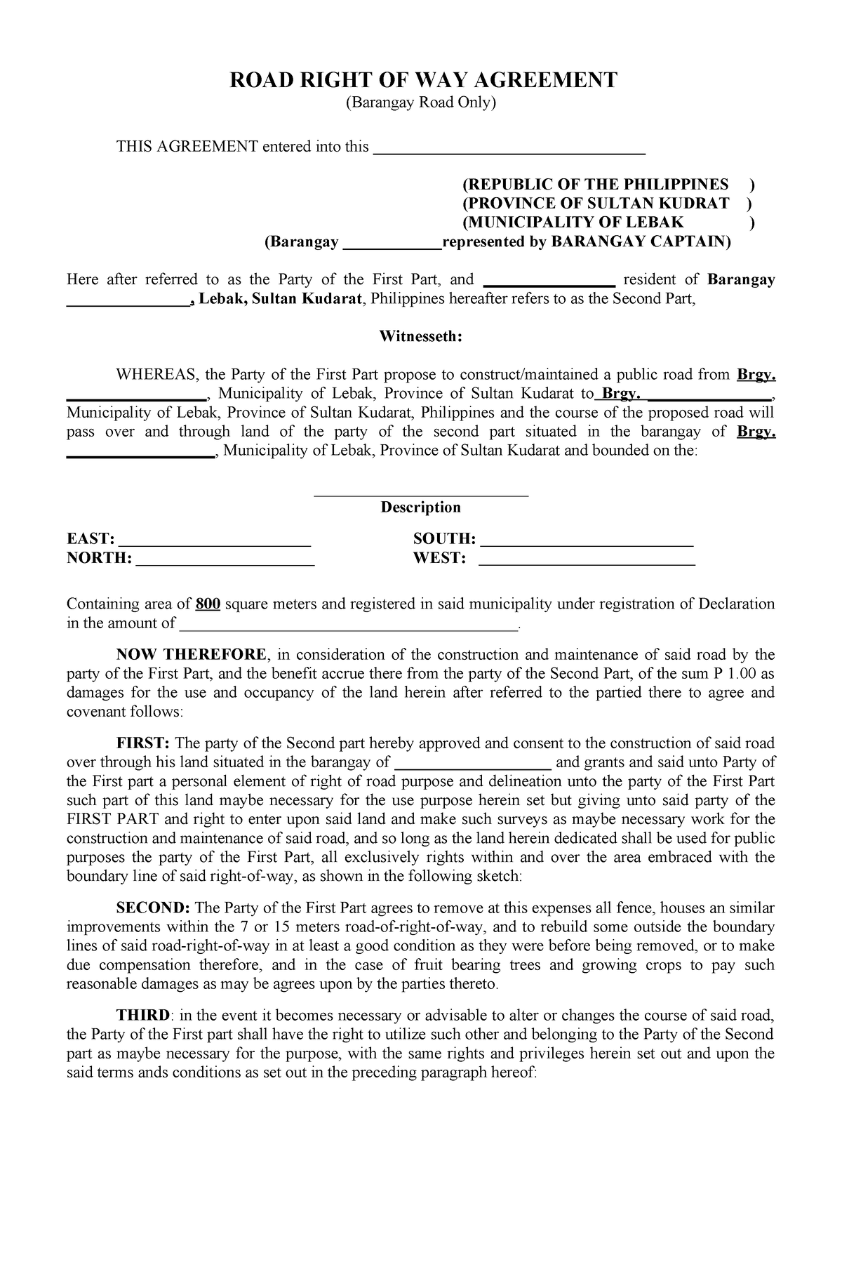 ROAD Right OF WAY Agreement - ROAD RIGHT OF WAY AGREEMENT (Barangay