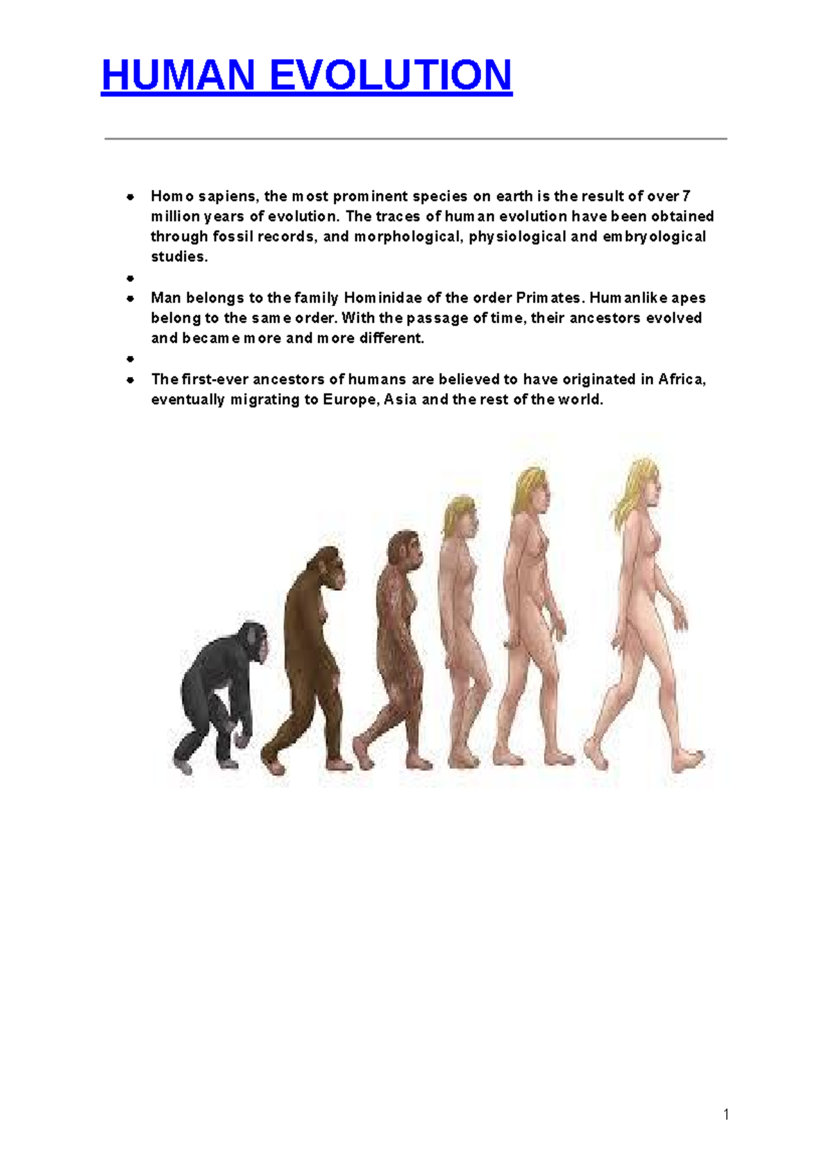 Untitled document - Best notes - HUMAN EVOLUTION Homo sapiens, the most ...