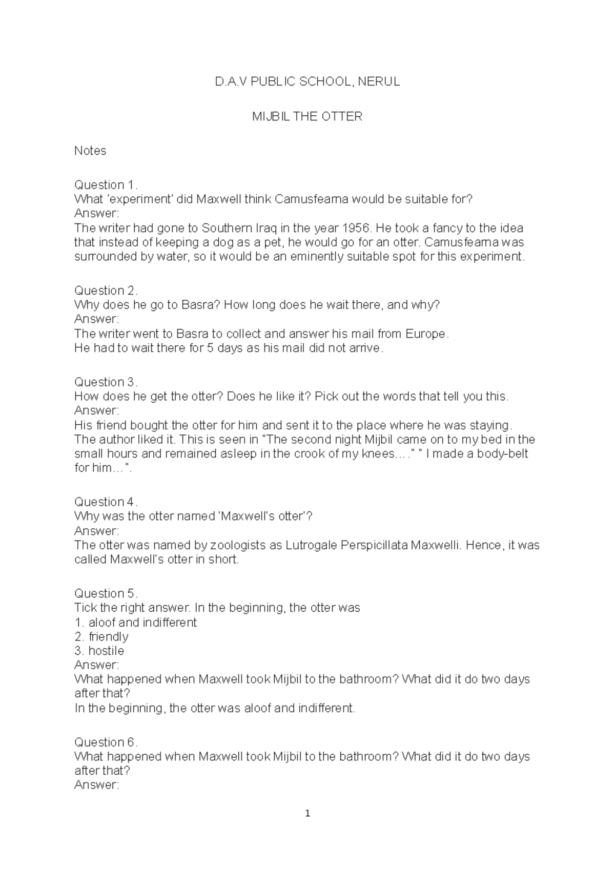 Notes Mijbil THE Otter - D.A PUBLIC SCHOOL, NERUL MIJBIL THE OTTER