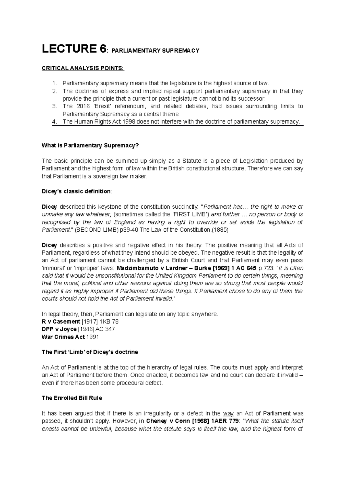 Lecture 6 - LECTURE 6: PARLIAMENTARY SUPREMACY CRITICAL ANALYSIS POINTS ...