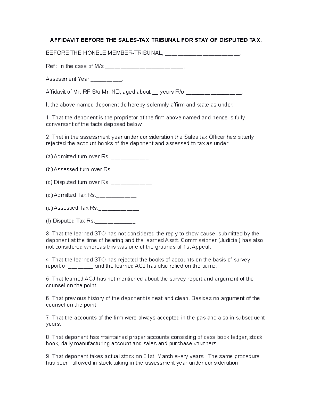 Affidavit Before Sales Tax Tribunal AFFIDAVIT BEFORE THE SALES TAX 