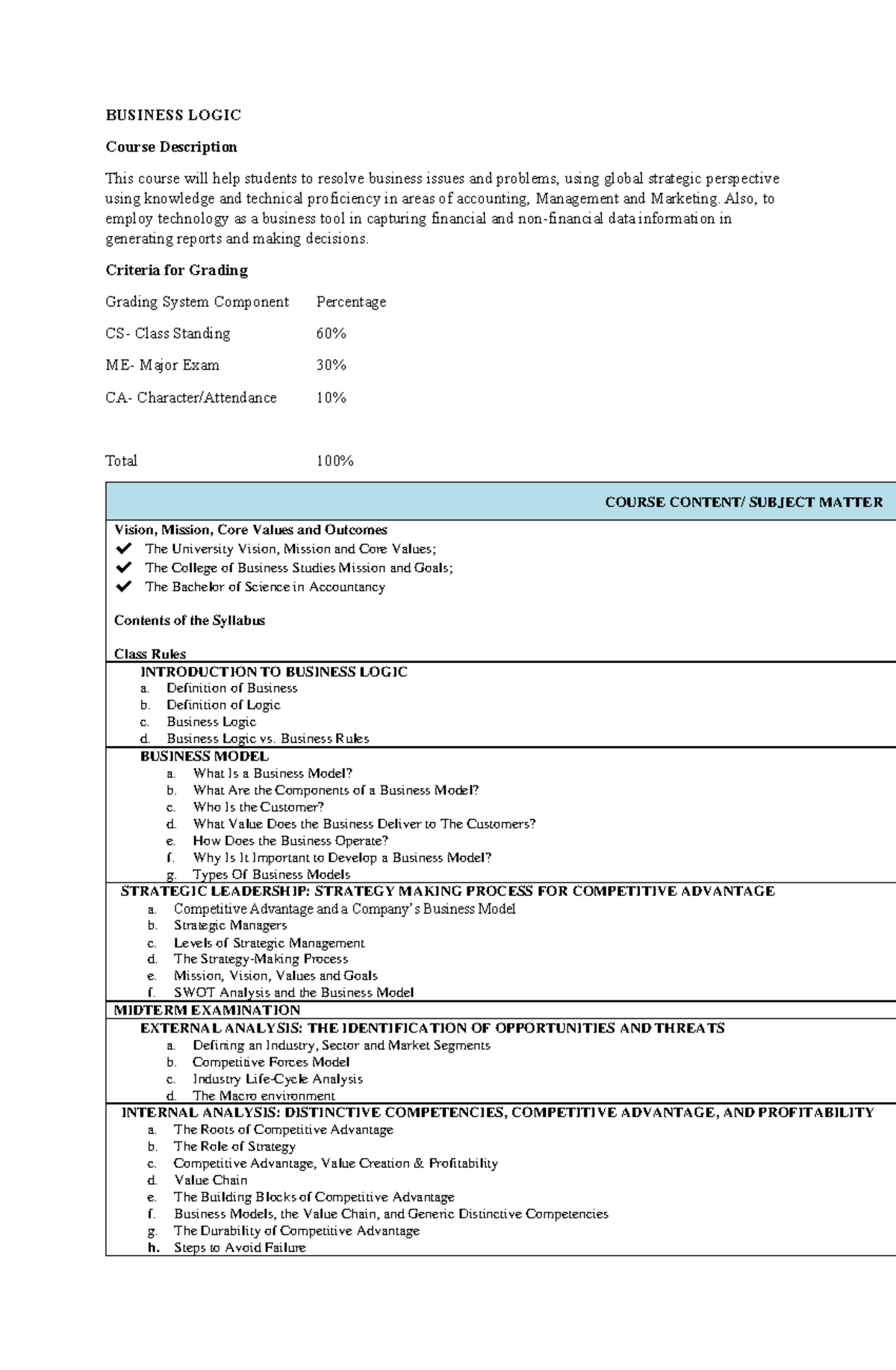 Logic 313 Course Outline - BUSINESS LOGIC Course Description This ...