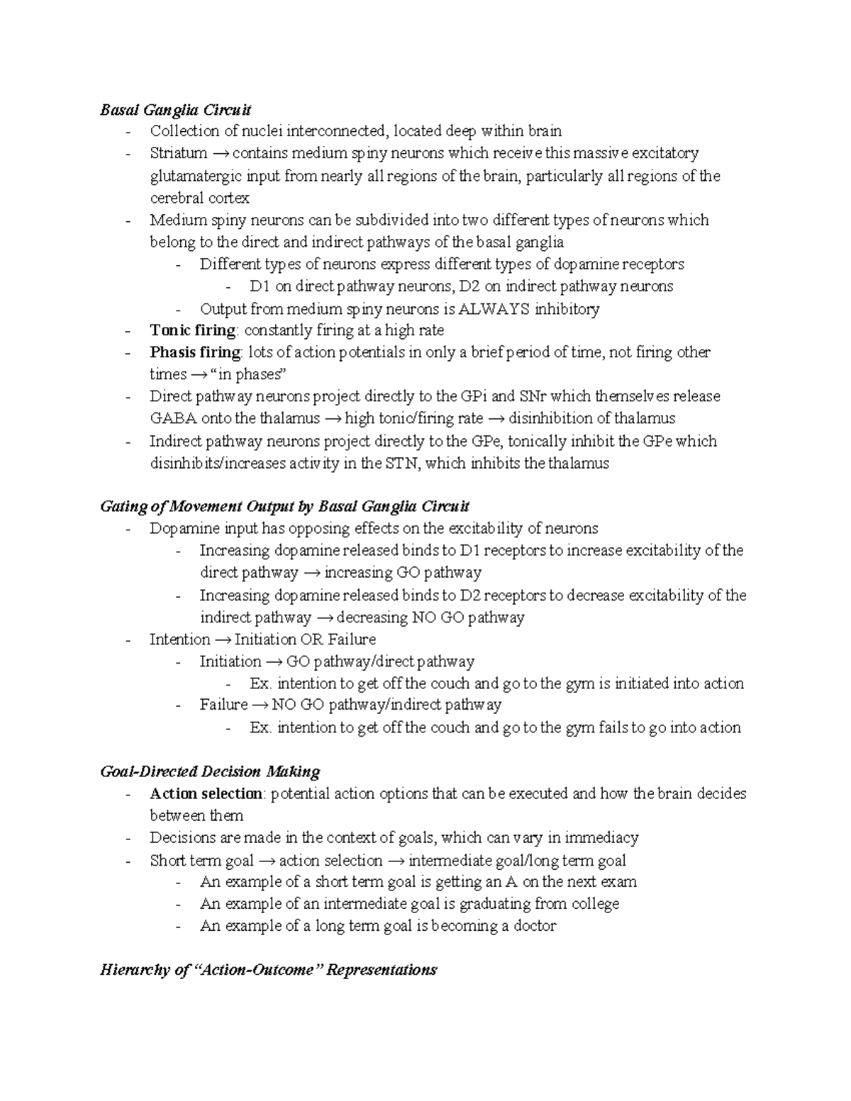 NE 101 Lecture 22 Compiled Notes - Basal Ganglia Circuit - Collection ...