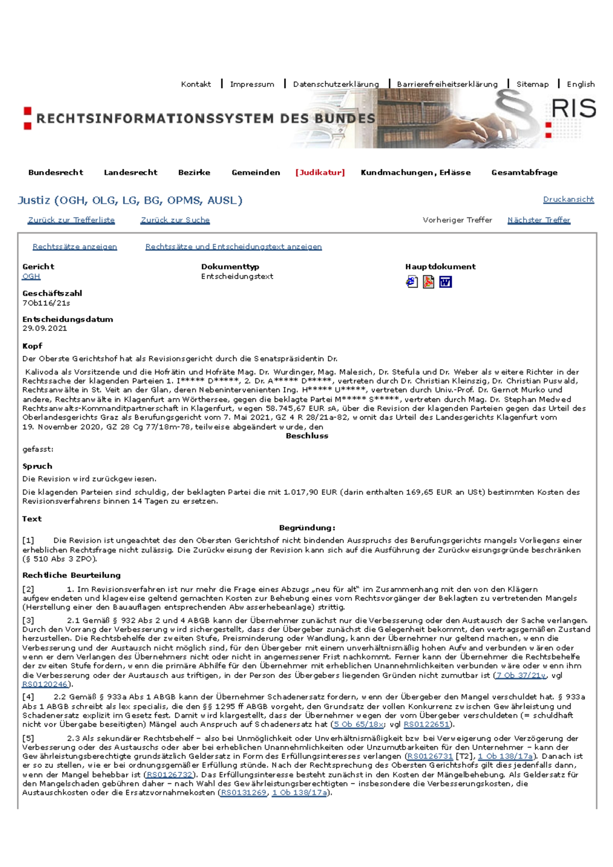 7Ob116 21s -Vorteilsausgleich im Gewährleistungsrecht - .RQWDNW ...