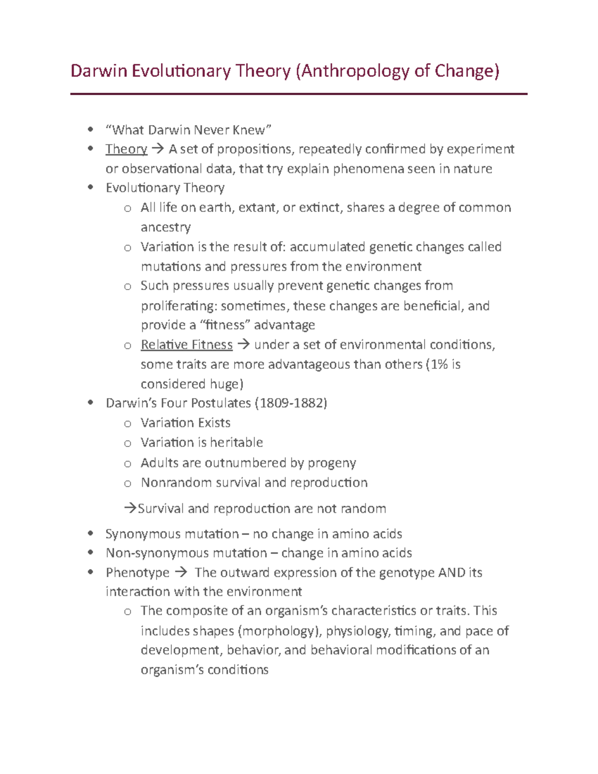 Darwin Evolutionary Theory Lecture notes - Darwin Evolutionary Theory ...