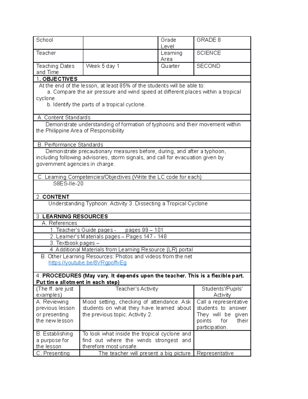 S8ES IIe 20 Dissecting Tropical Cyclone - School Grade Level GRADE 8 ...