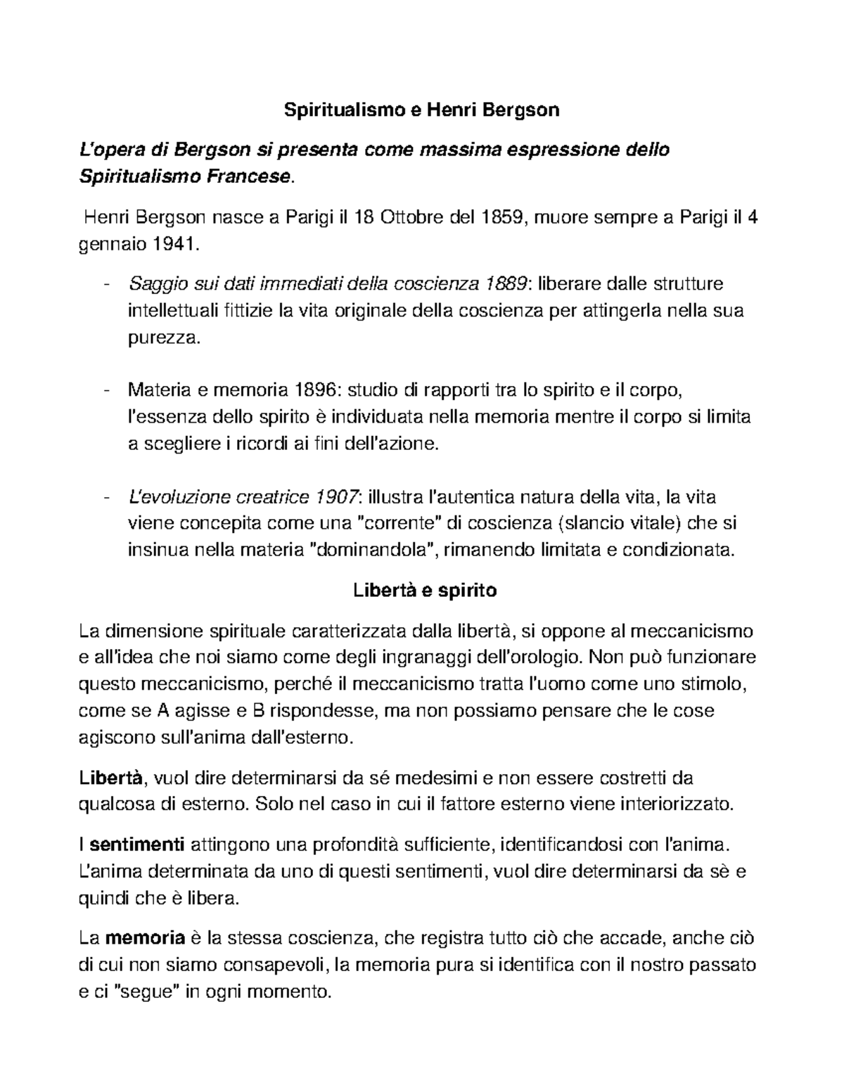 Spiritualismo E Henri Bergson Spiritualismo Henri Bergson Opera Di Bergson Si Studocu