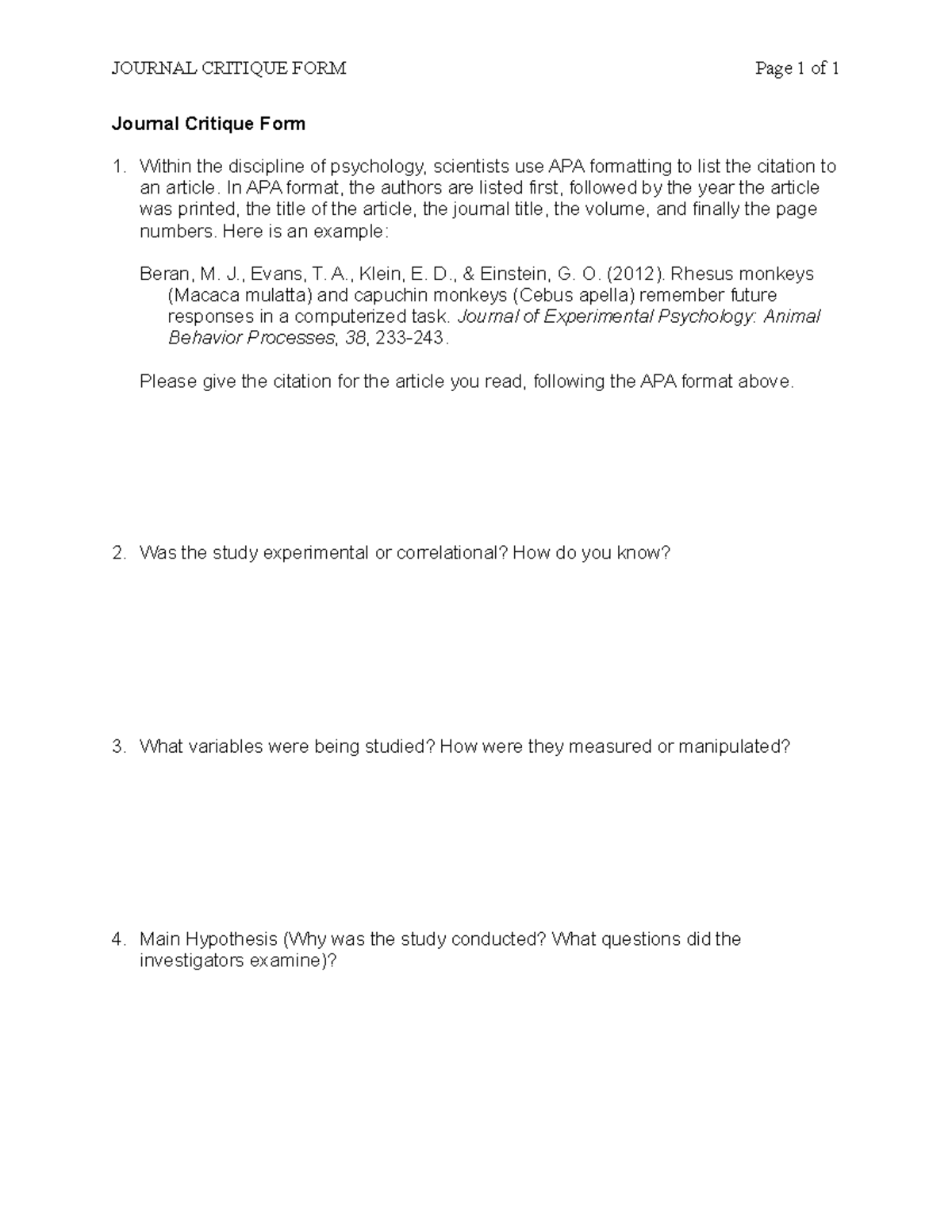 Journal Article Critique Form JOURNAL CRITIQUE FORM Page 1 Of 1 