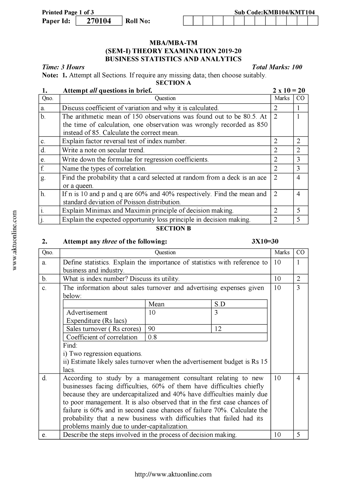 Mba-1-sem-business-statistics-and-analytics-kmb104-2020 - Printed Page ...