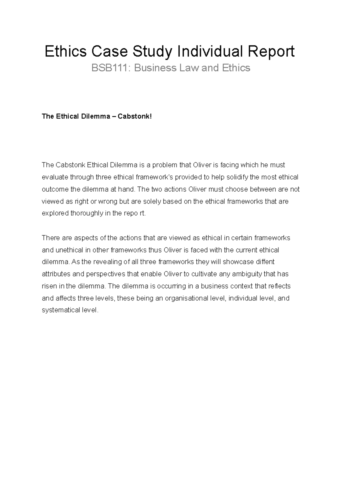 Ethics Case Study 2021 Ethics Case Study Individual Report BSB111