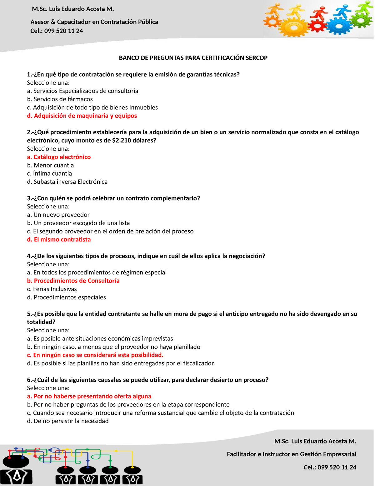 Agosto Sercop 2023 - Kkkk - BANCO DE PREGUNTAS PARA CERTIFICACIÓN ...