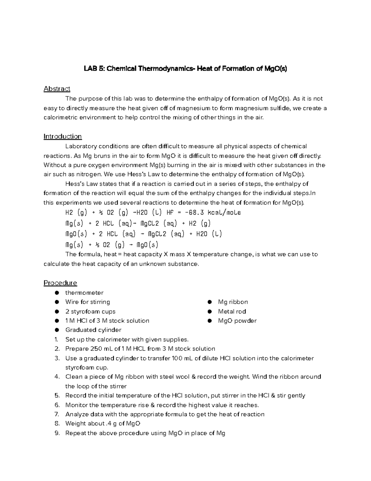 Lab Report Chemical Thermodynamics LAB 5 Chemical Thermodynamics
