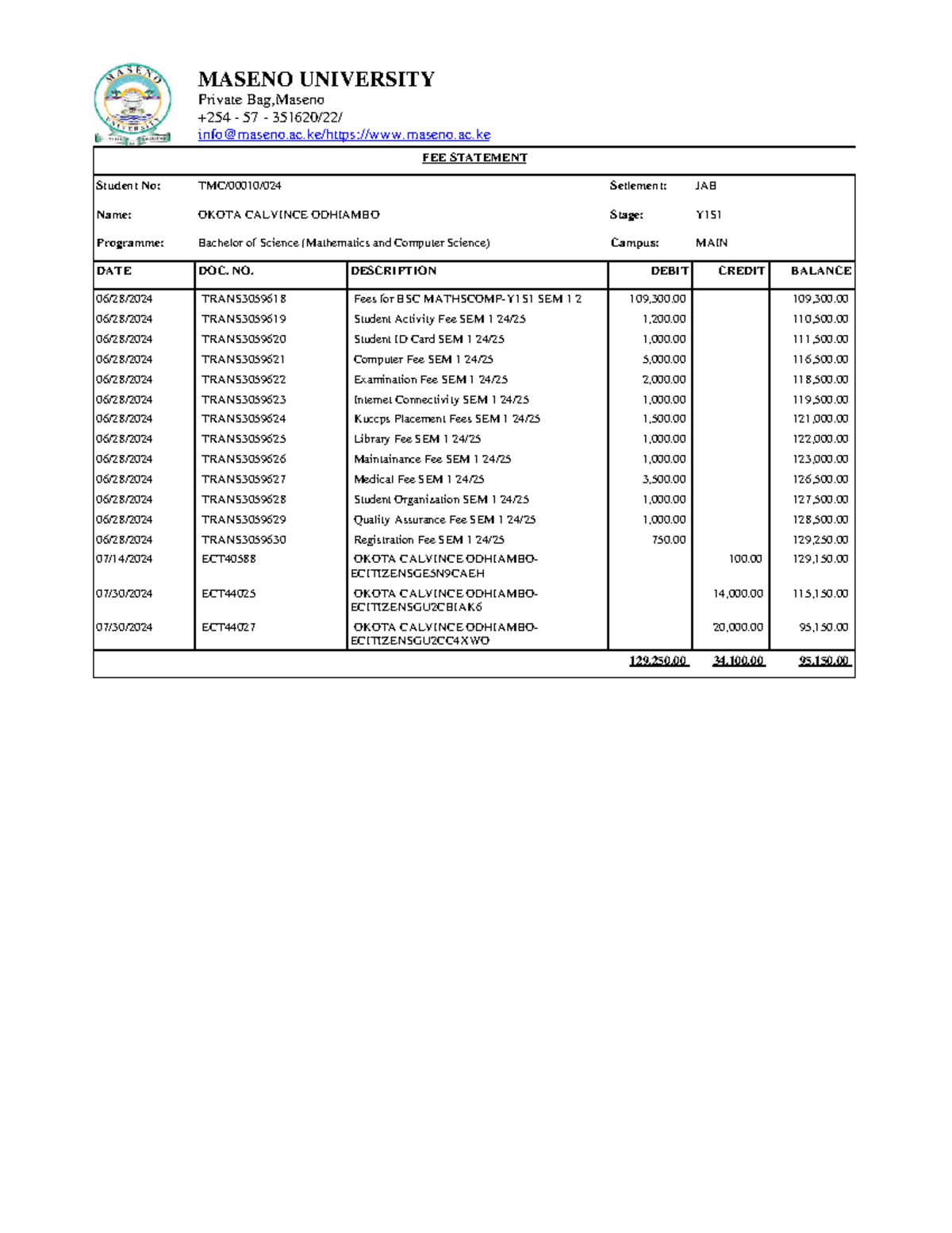 Fee Statement-TMC00010024 - MASENO UNIVERSITY Private Bag,Maseno +254 ...