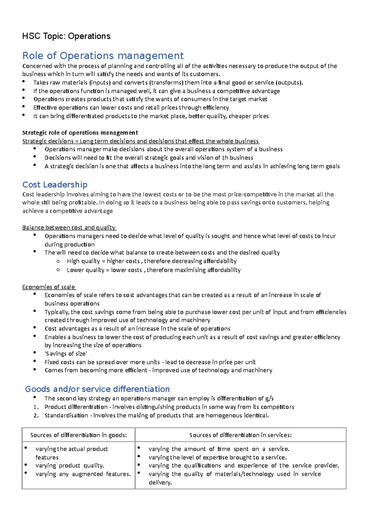 Bus Topic 1 Operations Notes - HSC Topic: Operations Role of Operations ...