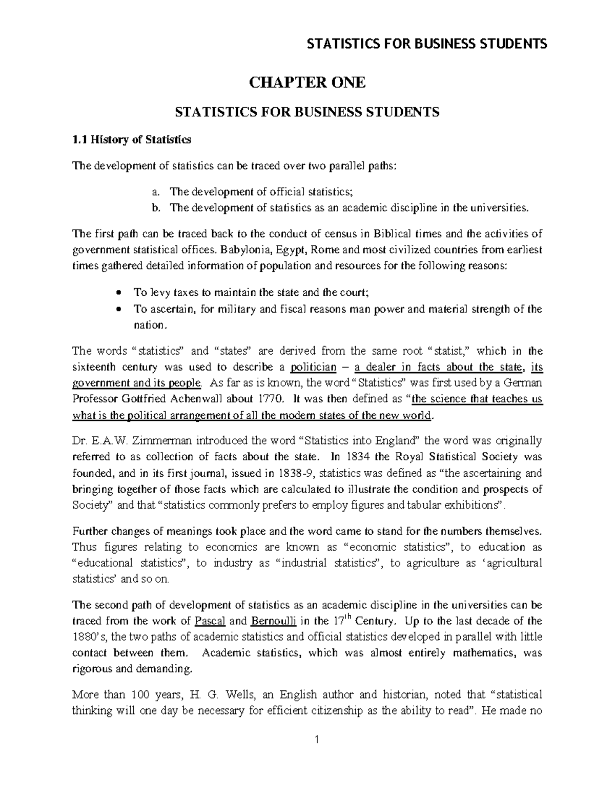Business Statistics for students - CHAPTER ONE STATISTICS FOR BUSINESS