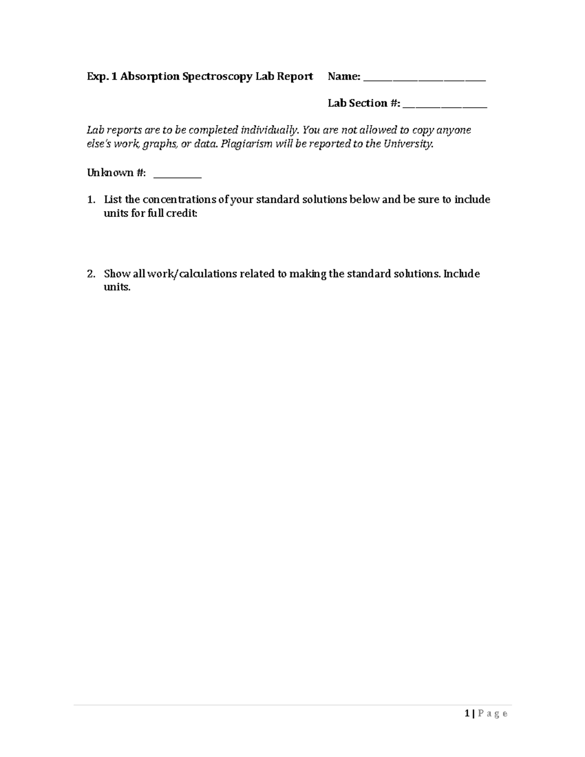 Absorption lab 1 Page Exp. 1 Absorption Spectroscopy Lab Report