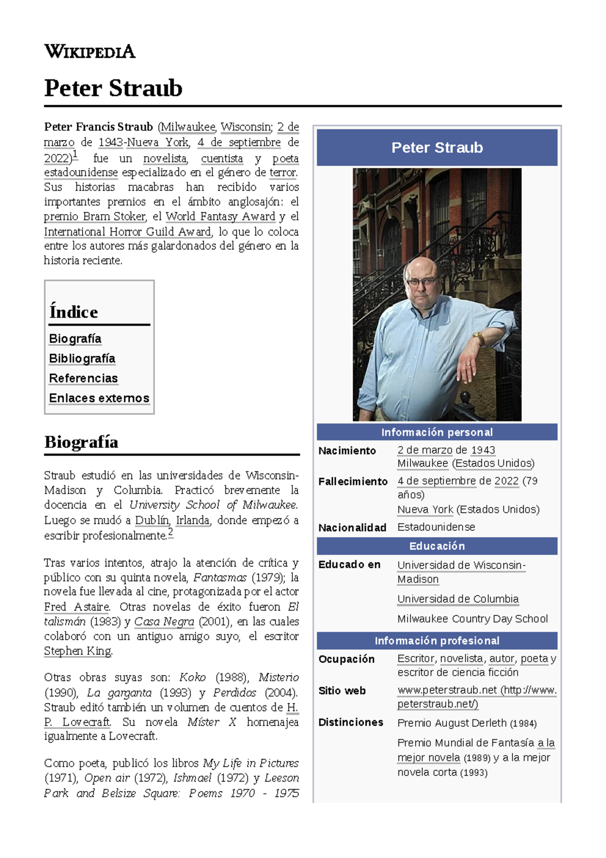 Peter Straub - wiki - Peter Straub Información personal Nacimiento 2 de ...
