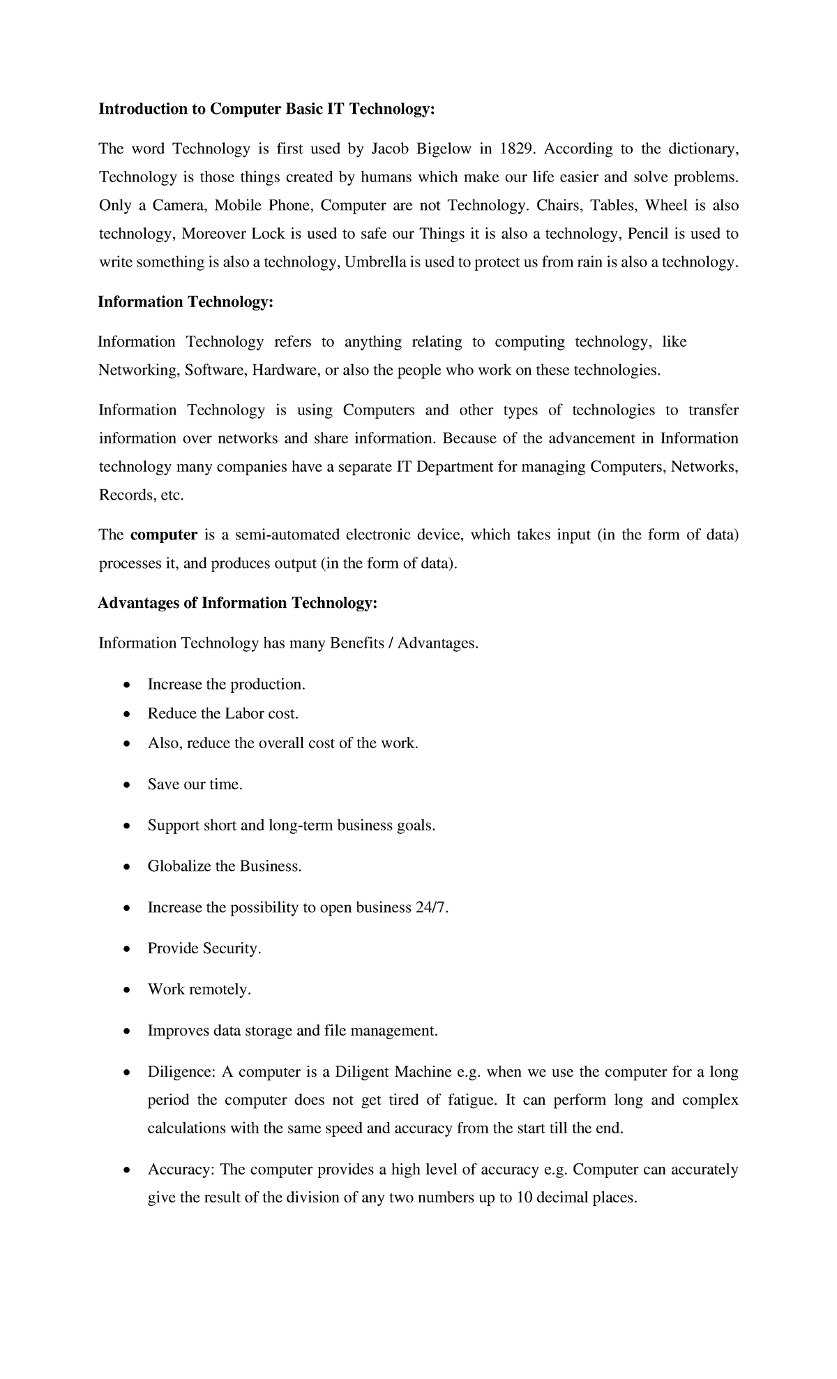 Introduction to IT Notes - Introduction to Computer Basic IT Technology ...