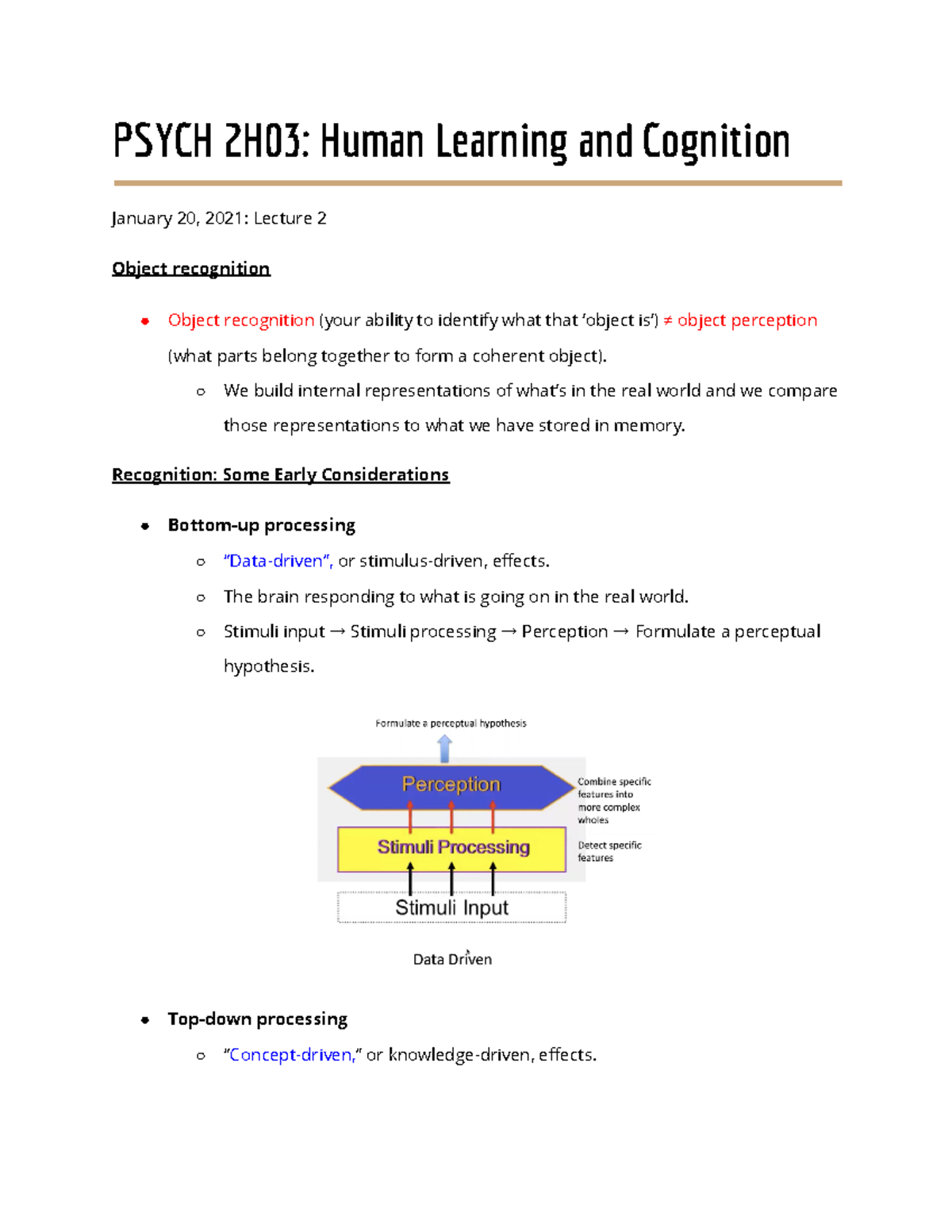 Lecture 2 - PSYCH 2H03: Human Learning and Cognition January 20, 2021 ...