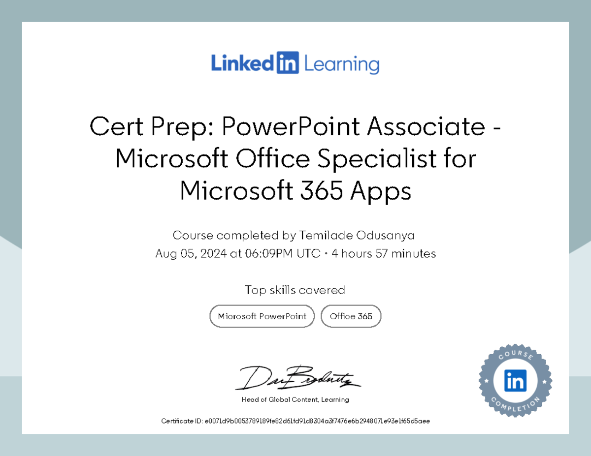 Certificate Of Completion Cert Prep Power Point Associate Microsoft ...