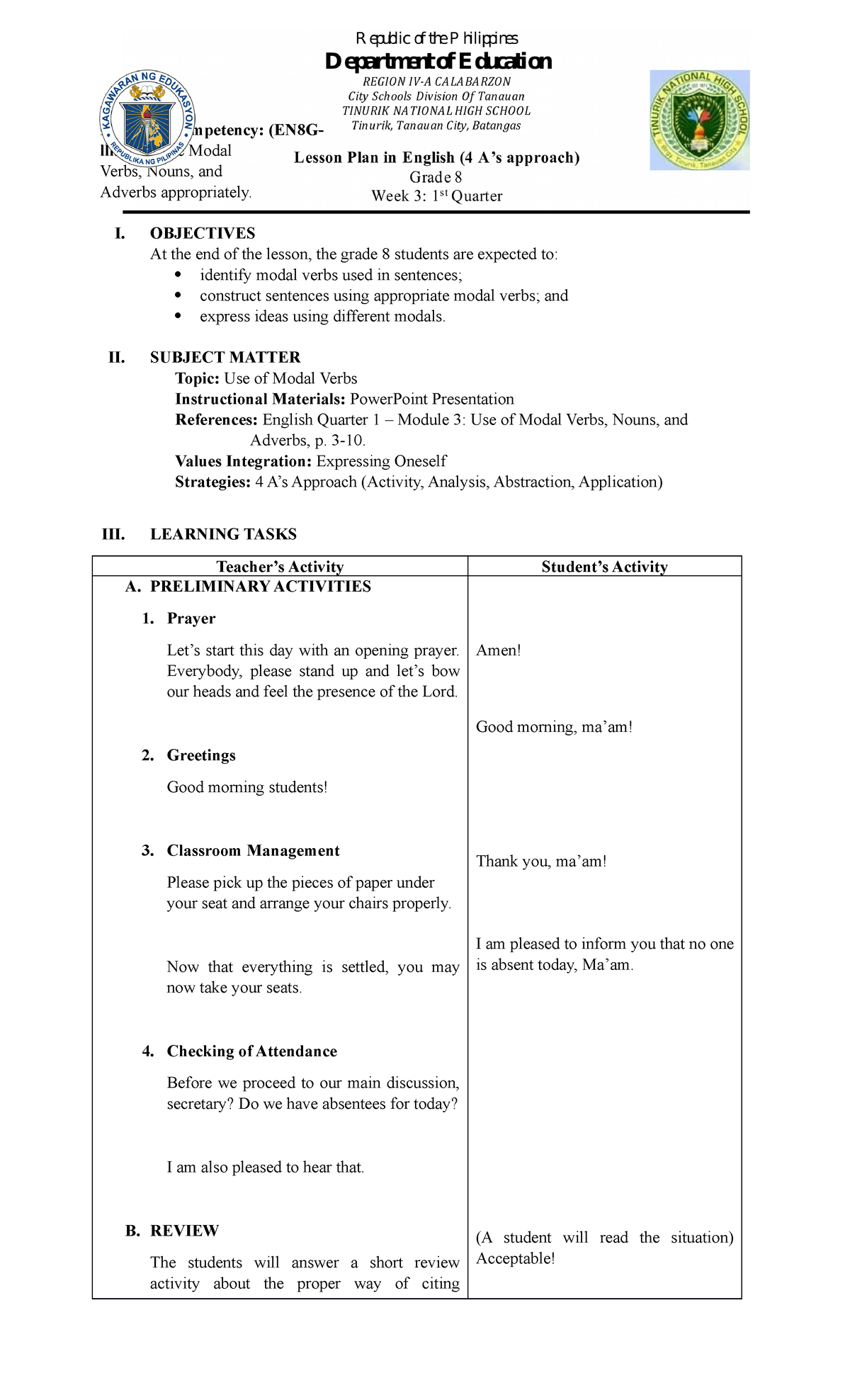 Lesson Plan Modal Verbs Nouns Adverbs Topic Docx A Detailed Lesson Plan ...