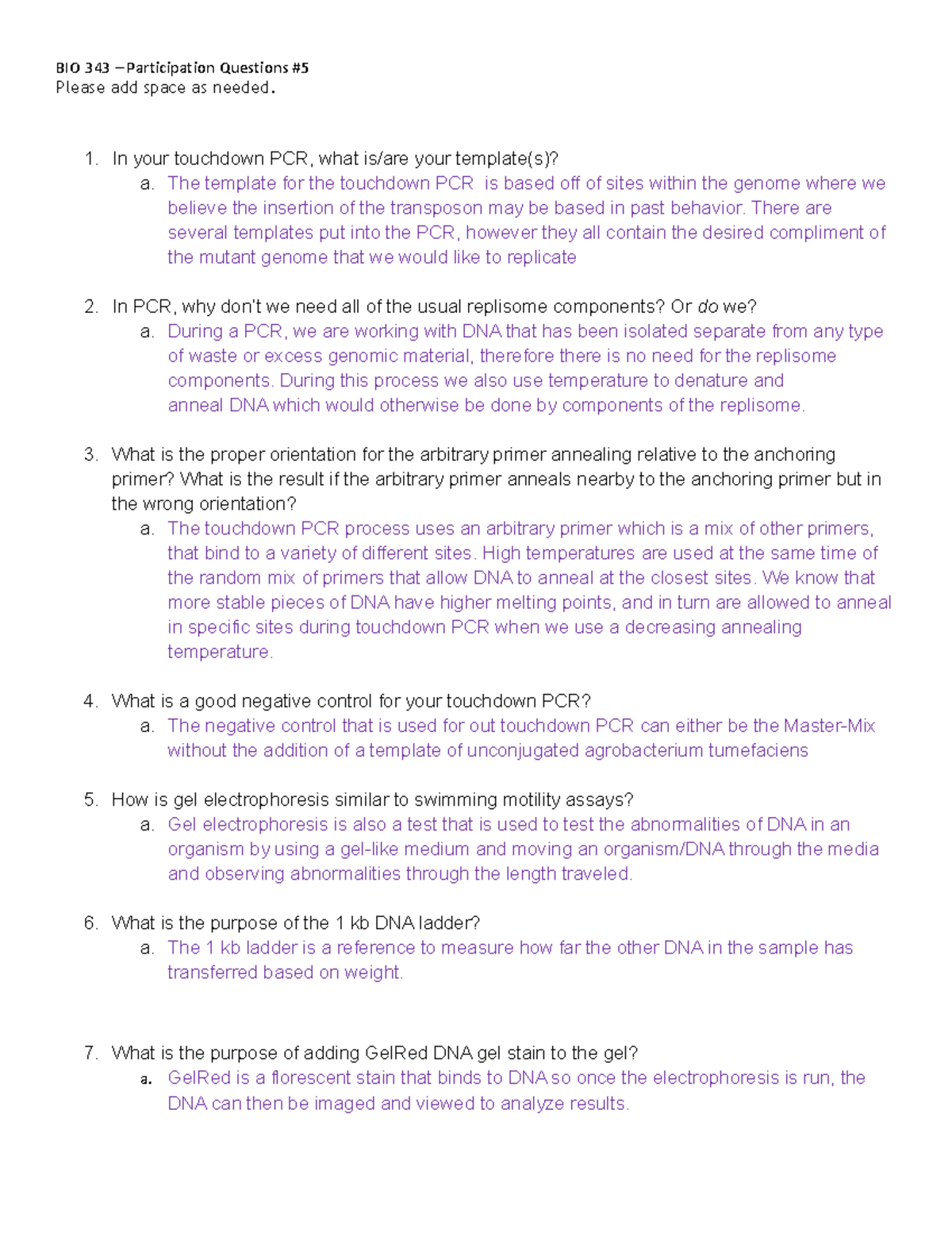 Lab Exercise 7 - Questions - BIO 343 – Participation Questions Please ...