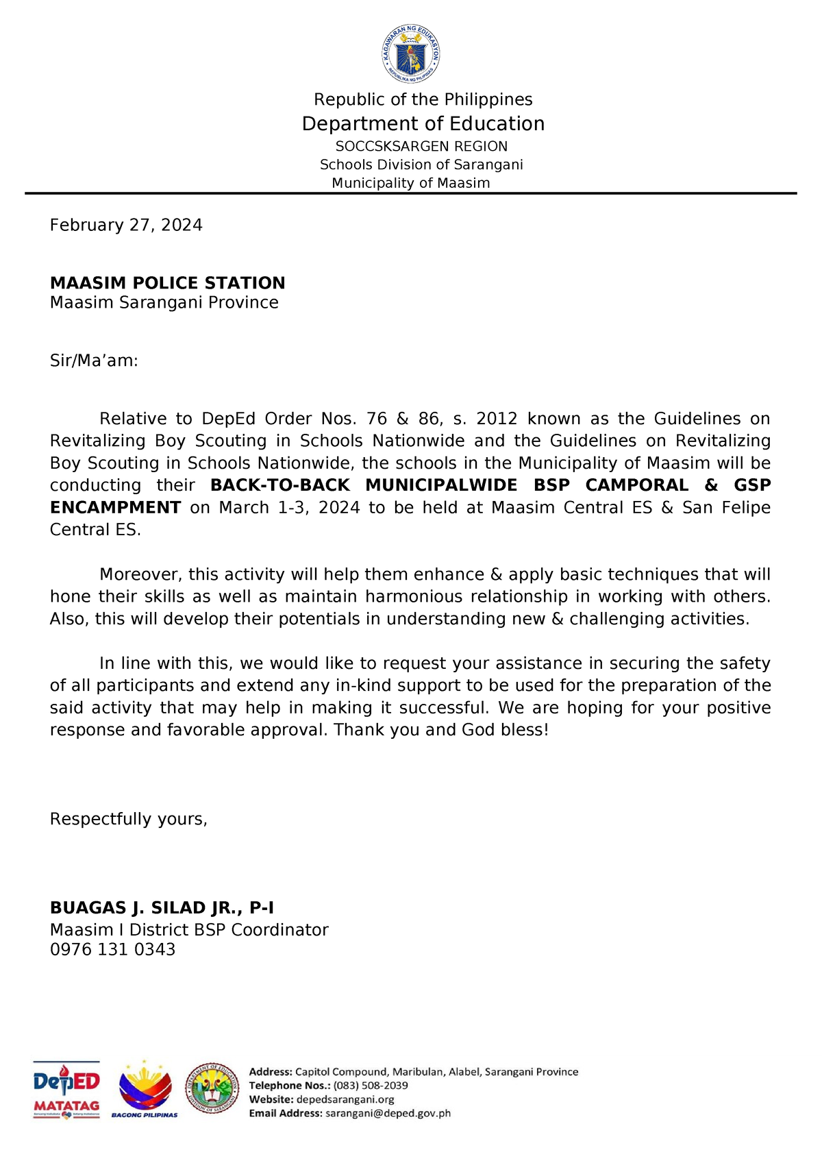 BSP Letter 024550 - Republic of the Philippines Department of Education ...