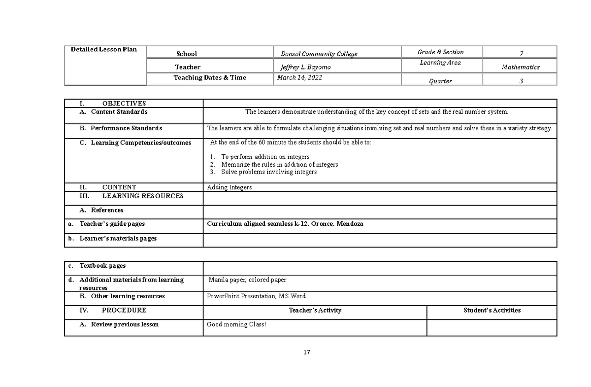 DLP NO. 3 - MATH - raise plus - Detailed Lesson Plan School Donsol ...