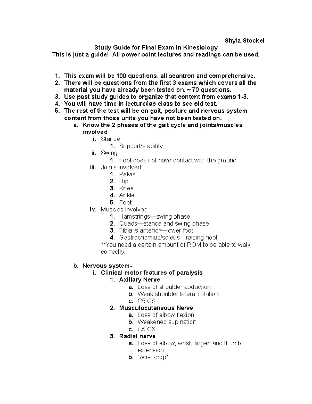 Kines study guide exam four... final - Shyla Stockel Study Guide for ...