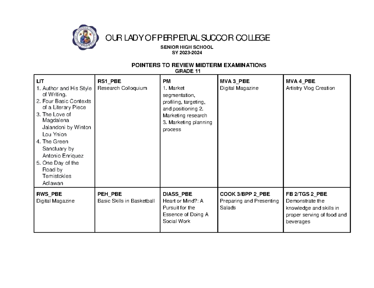 Pointers-TO- Review GR.11 2nd-Sem-Midterm-Exams - OUR LADY OF PERPETUAL ...