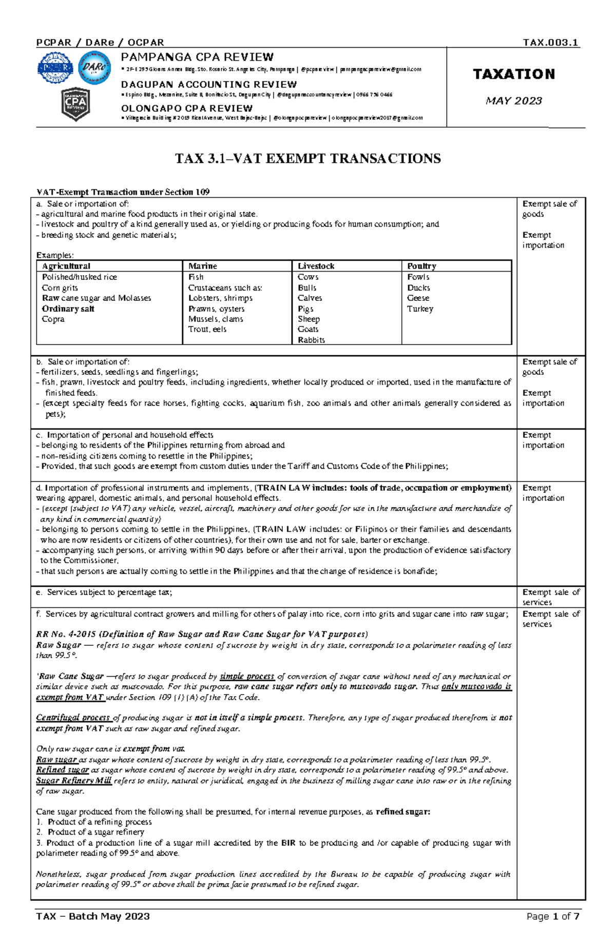 Pcpar TAX 3.1VAT Exempt Transactions Edited PAMPANGA CPA REVIEW 2FE 295 Gloans Annex Bldg