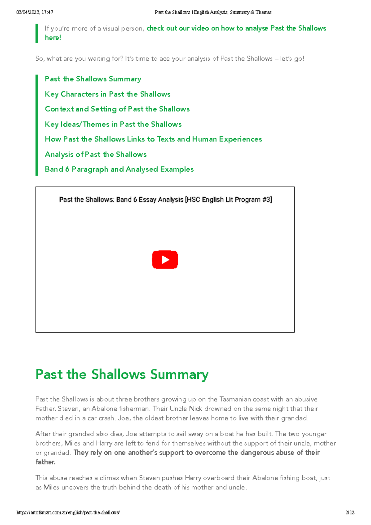 Past the Shallows English Analysis, Summary & Themes - If you’re more ...