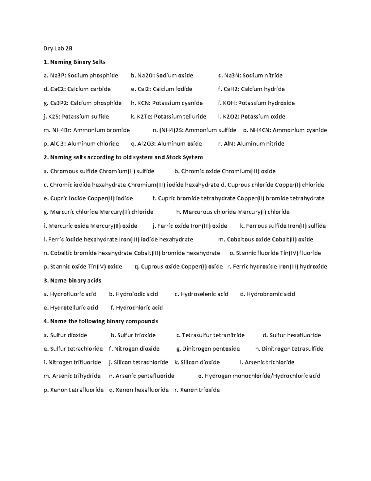 Dry Lab 2B Answers Dry Lab Dry Lab 2B Naming Binary Salts a. Na3P