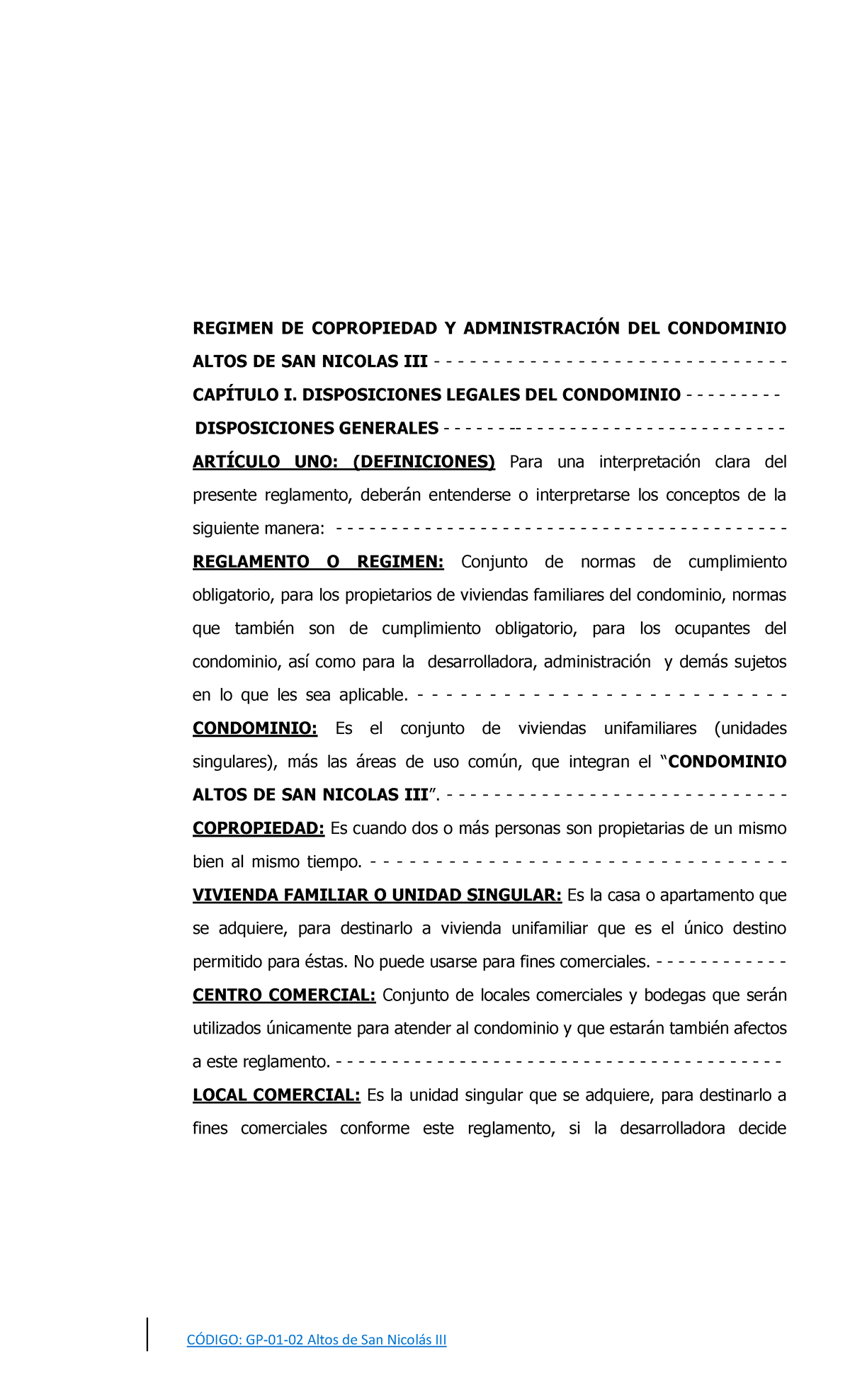 Reglamento De Copropiedad Regimen De Copropiedad Y AdministraciÓn Del Condominio Altos De San 2645