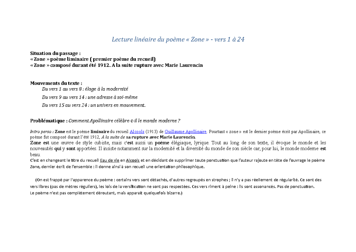 Lecture linéaire Zone - doc élève - Lecture linéaire du poème « Zone