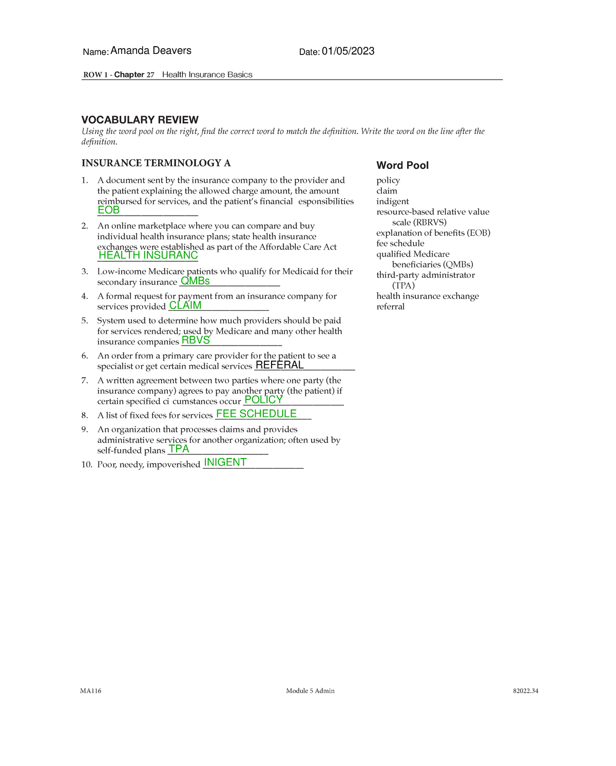 MA116 ROW 1 Chapters 27 and 30 ROW 1 Chapter 27 Health