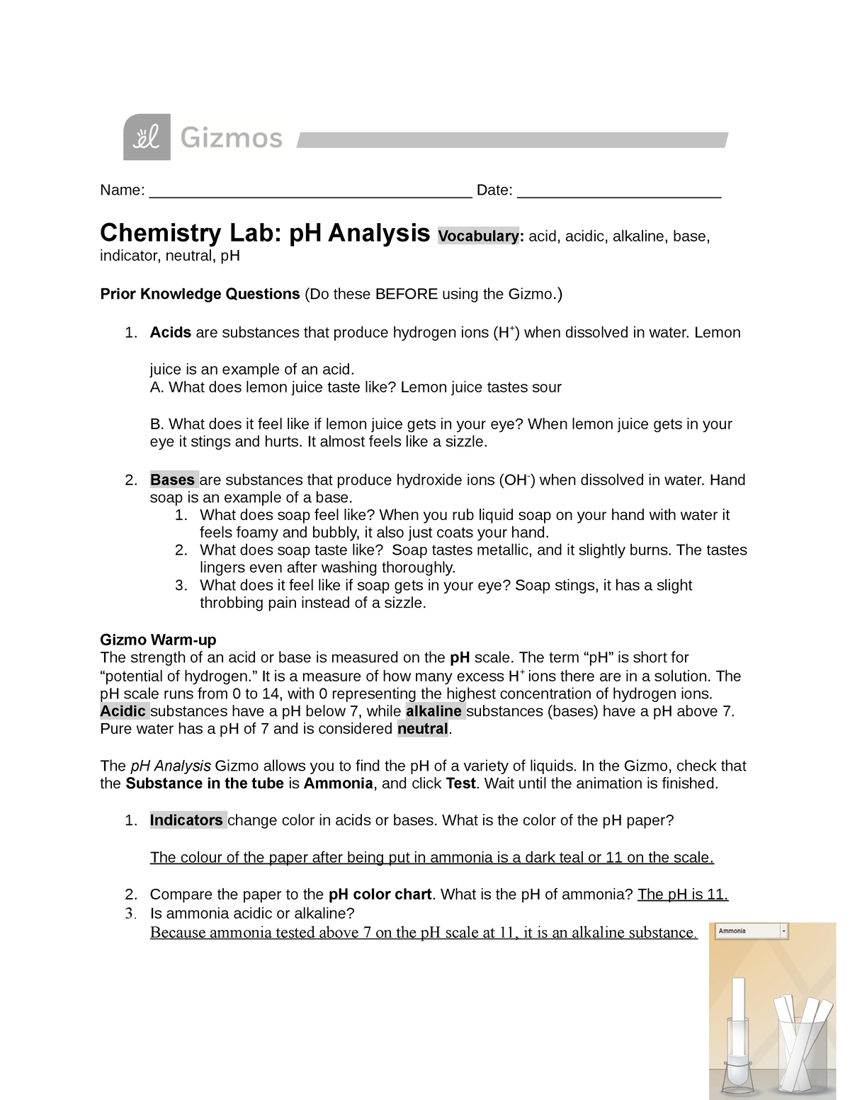 Lab4 Ph analysis gizmo worksheet Name ______________________________________ Date Studocu