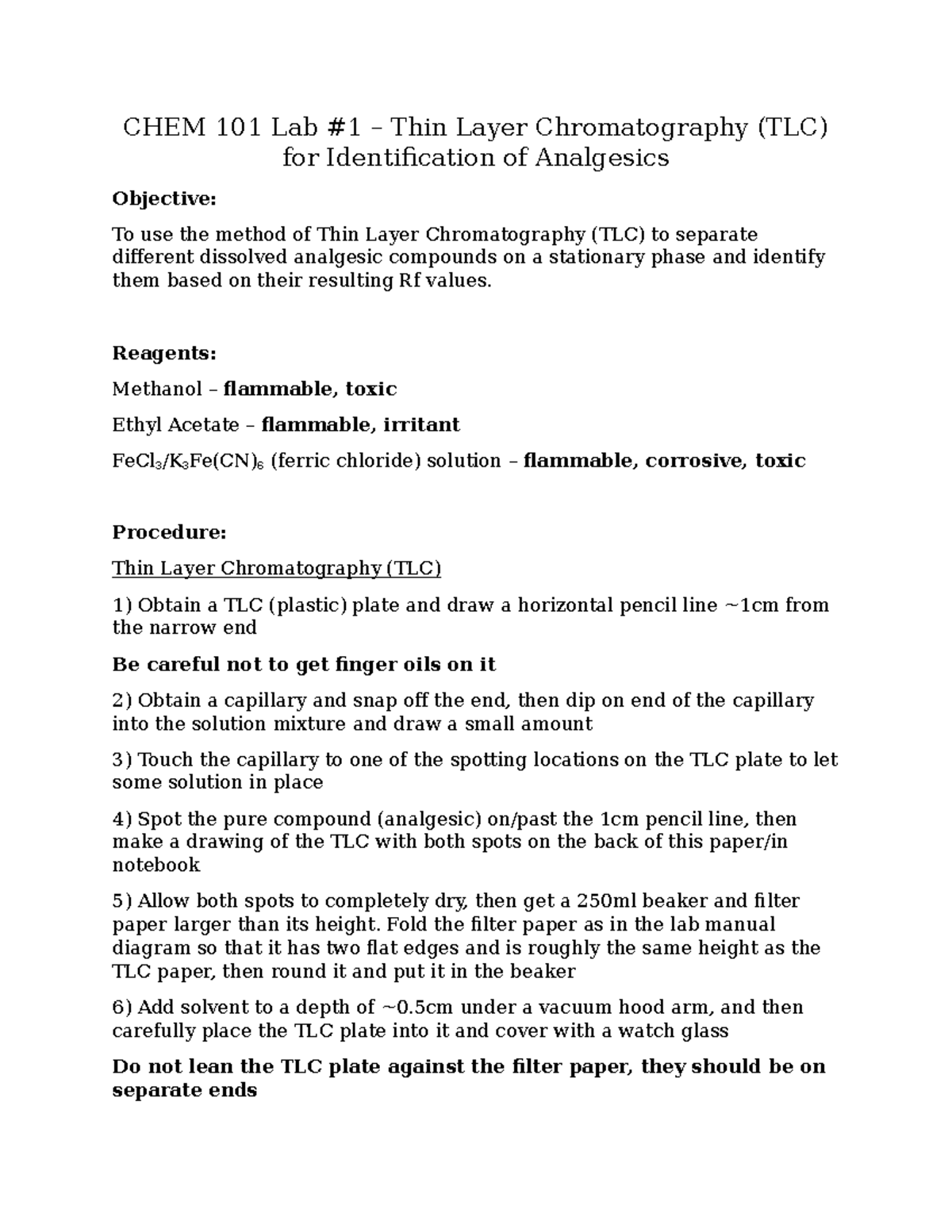 CHEM 102 Lab 1 Prep Doc - CHEM 101 Lab #1 – Thin Layer Chromatography ...
