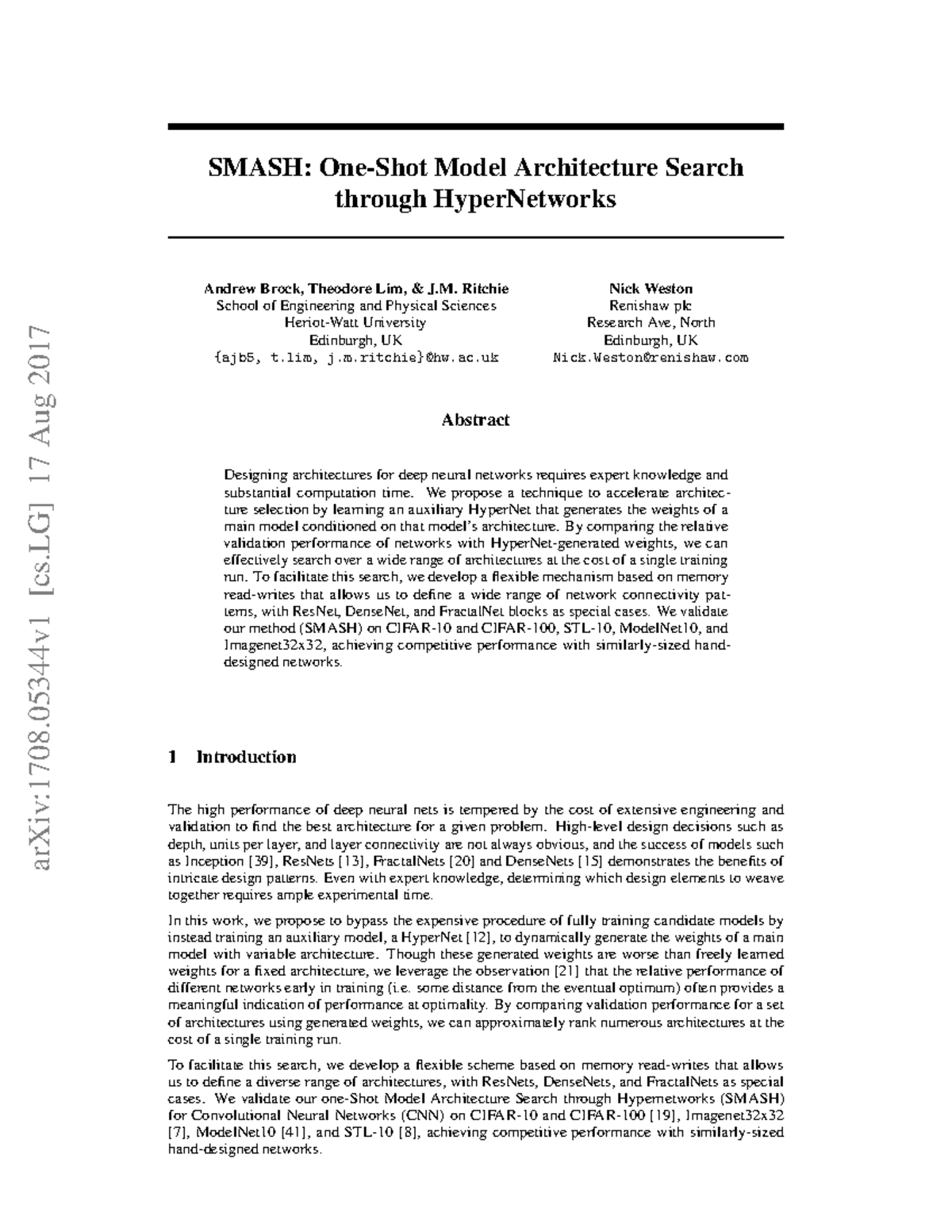 Smash One-Shot Model Architecture Search through Hyper Networks - SMASH ...