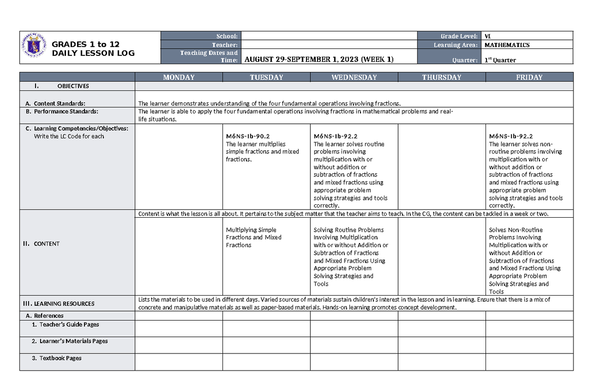 DLL Mathematics 6 Q1 W1 - DLL - GRADES 1 to 12 DAILY LESSON LOG School ...