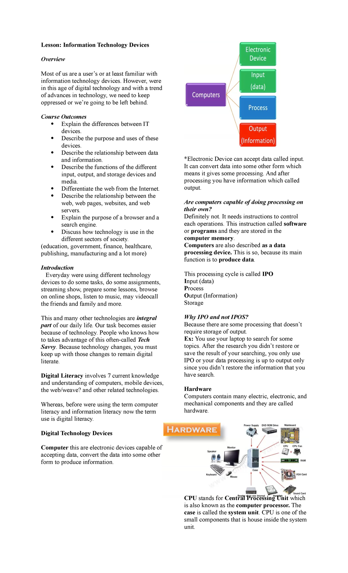 A Information Technology Devices Lesson Information Technology